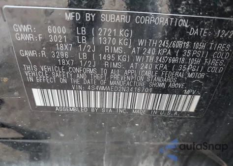 2022 Subaru Ascent Premium из США, поврежденный, VIN 4S4WMAED2N3416701